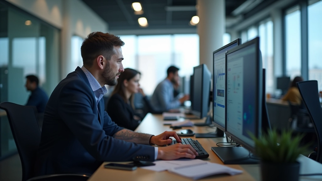 Teknoloji şirketinin ofisinde çalışan yazılımcı ve tasarımcılar, çok ekranlı iş istasyonunda yapay zeka projesinde işbirliği yapıyorlar